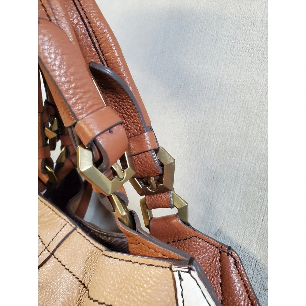 Oryany Brown Tan Leather Hobo Bag Tri-Color Blocked Shoulder Tote Gold Hardware